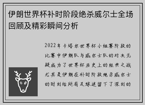 伊朗世界杯补时阶段绝杀威尔士全场回顾及精彩瞬间分析