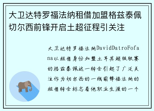大卫达特罗福法纳租借加盟格兹泰佩切尔西前锋开启土超征程引关注